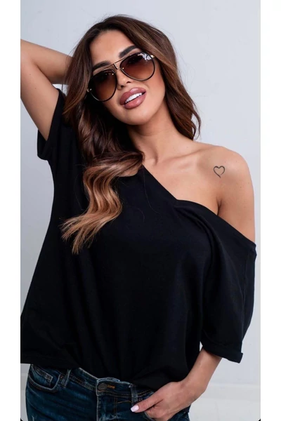 V NYAKÚ OVERSIZE PAMUT FELSŐ - FEKETE - M/L MÉRET